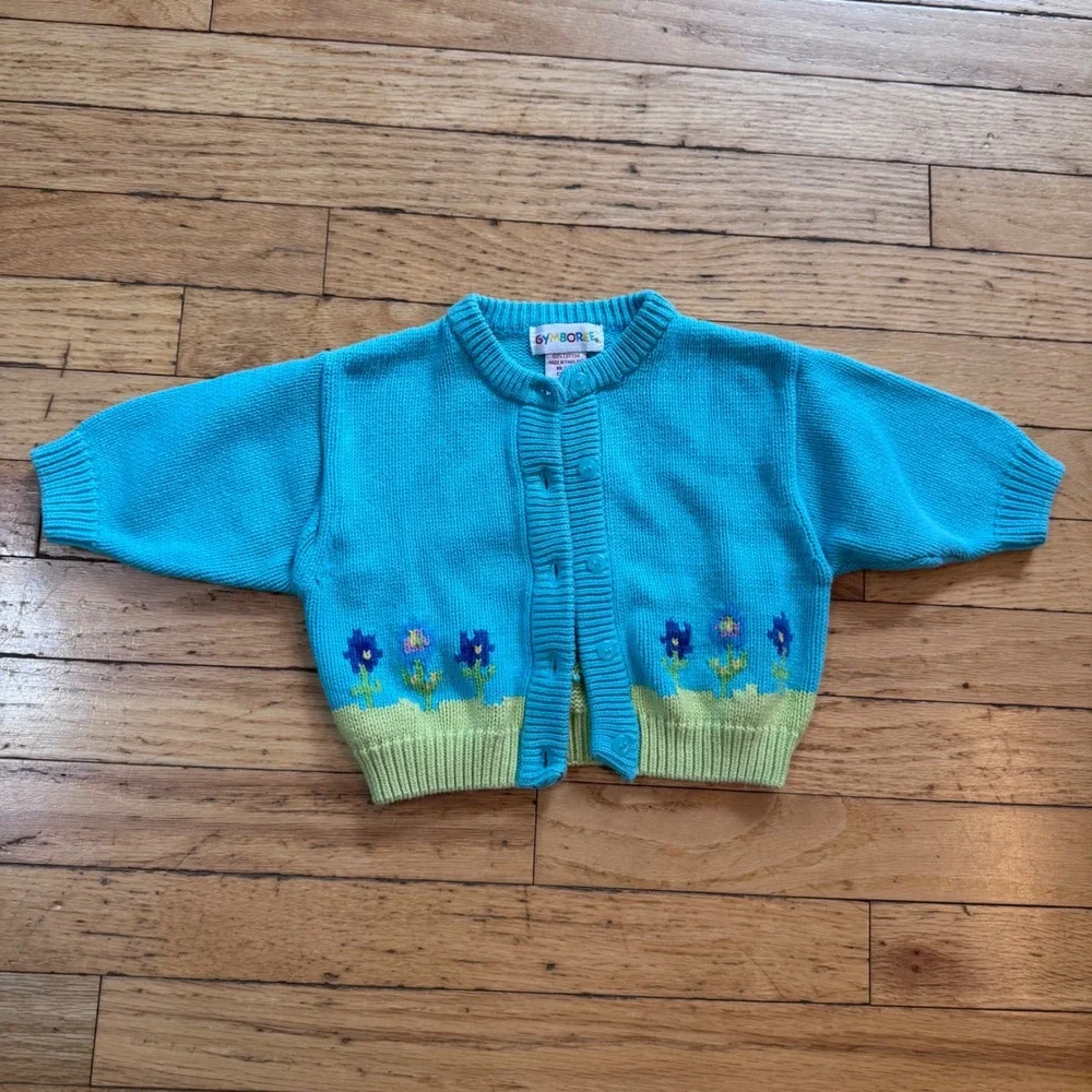 Vintage Rainbow Tag Gymboree Infant Blue Floral Knit Cardigan Sweater Cotton